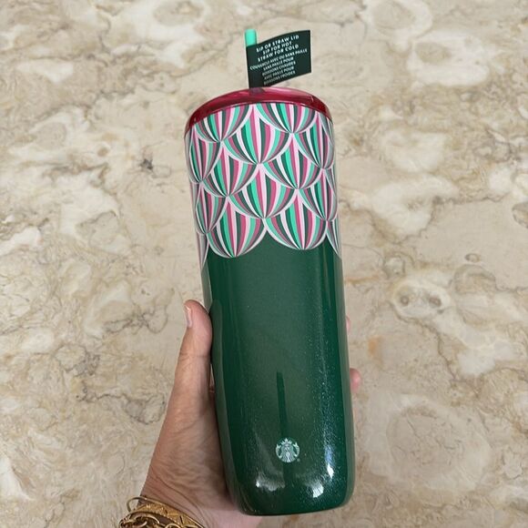 NWT Starbucks 2024 Holiday Green Pink Metallic Hot & Cold Insulated Tumbler - Picture 3 of 12